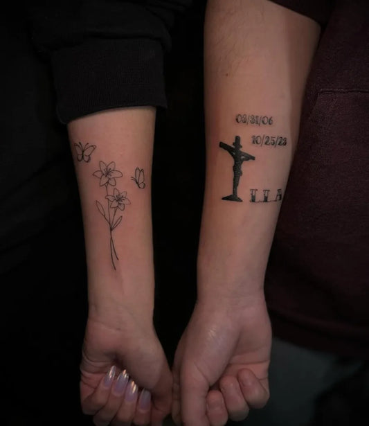 Small Minimalist Flowers and Cross on Women and Men Arms Tattoo by @nadiabynature__