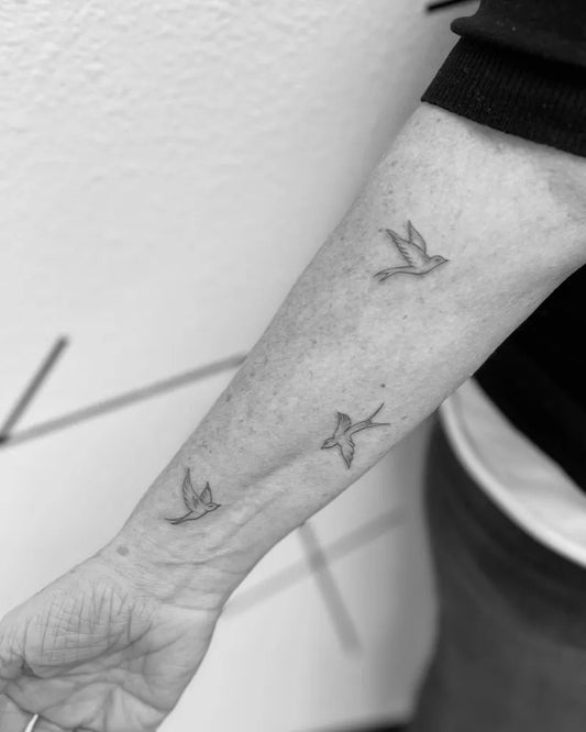 Small Minimalist Flying Birds on Men Forearm Tattoo by @finelinesbyrachel
