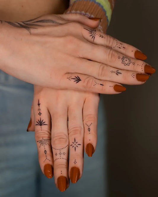 Small Minimalist Geometric Symbols Arrows Stars on Women Hands Tattoo by @tesspokes