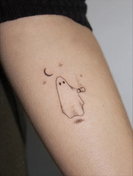 Small Minimalist Ghost Moon Stars Tattoo on Women Arm by @groovelinetattoo