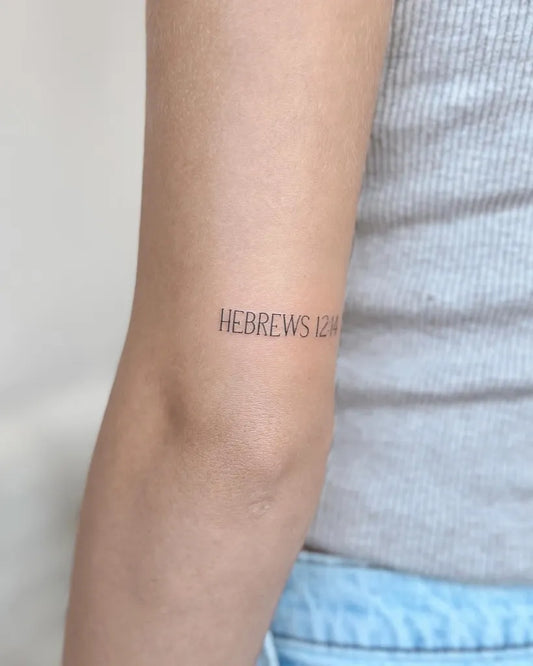 Small Minimalist Hebrews 12 4 on Women Arm Tattoo by @cha.tattoo