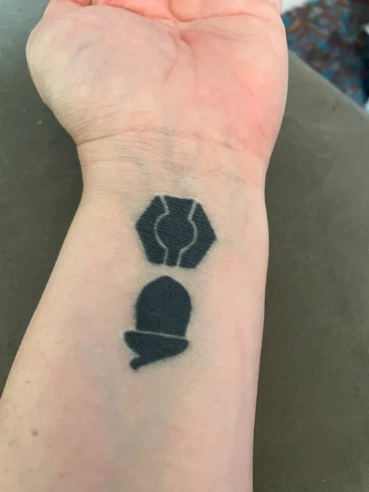 Small Minimalist Hexagon Semicolon on Women Wrist Tattoo by @millie_hiking