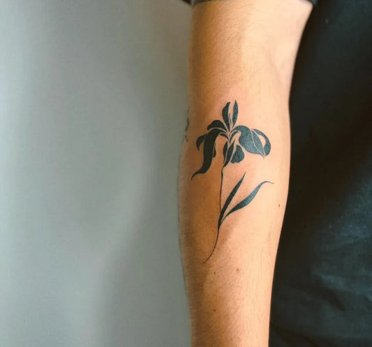Small Minimalist Iris Flower on Men Arm Flower Tattoo by @3anban