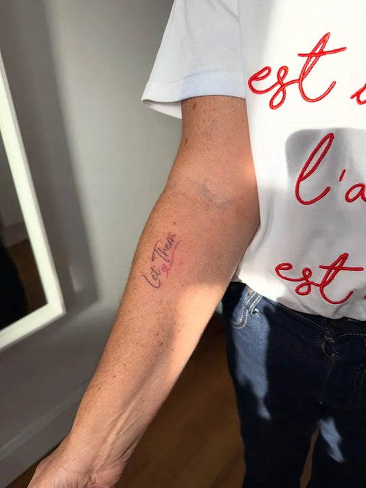 Small Minimalist Let Them Text on Women Forearm Tattoo by @hattiefaithtattooartist