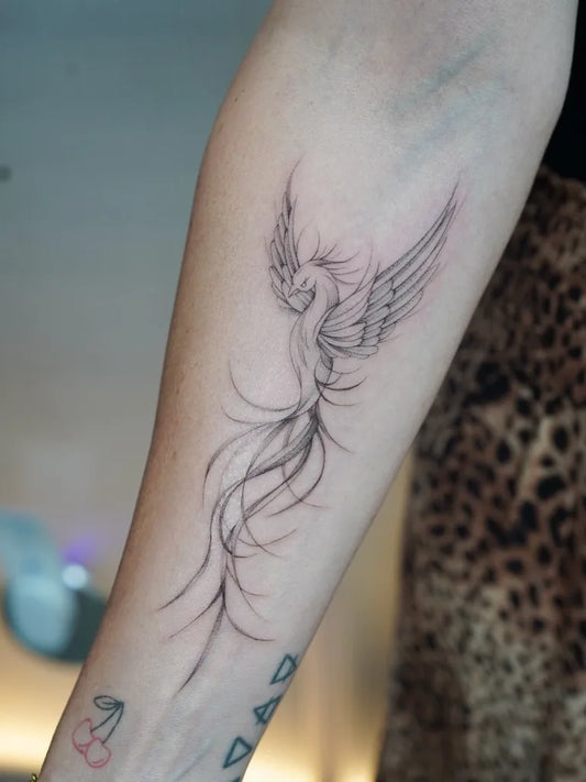 Small Minimalist Linework Phoenix Geometric Symbols on Women Forearm Tattoo by @taylored.ink