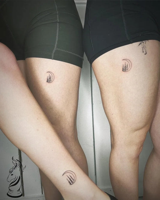 Small Minimalist Matching Crescent Moon and Mountains Tattoo on Women Thigh by @rezichitattoos