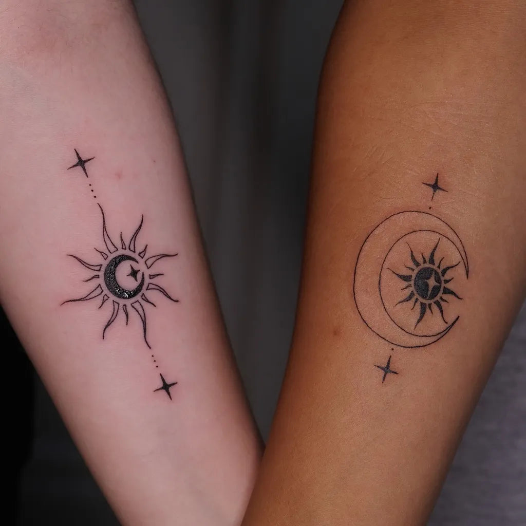 Small Minimalist Matching Sun and Moon on Women Arm Tattoo by @jacquietattoos