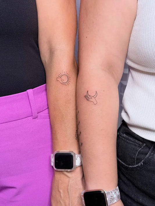 Small Minimalist Matching Sun and Moon on Women Arm Tattoo by @tattedkitten956