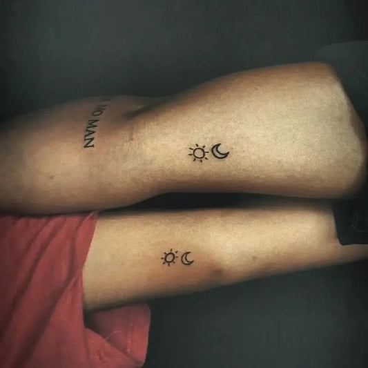 Small Minimalist Matching Sun and Moon on Women Thigh Tattoo by @tattooatsnazzy