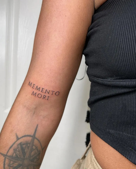 Small Minimalist Memento Mori Script and Compass Spiritual Tattoo on Women Arm by @ellenrosetattoo