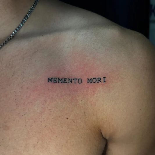 Small Minimalist Memento Mori on Men Shoulder Tattoo by @cressonstreettattoo