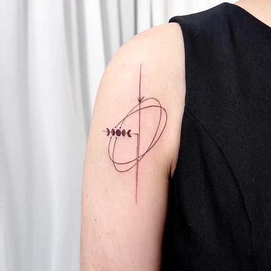 Small Minimalist Moon Arrow Tattoo on Women Shoulder by @giftonecore