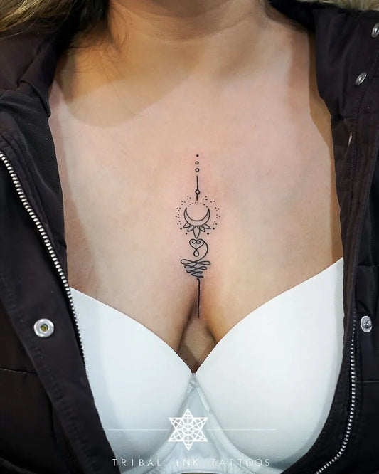 Small Minimalist Moon Mandala on Women Sternum Tattoo by @tribalinktattoos