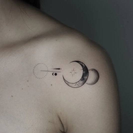 Small Minimalist Moon Phases Tattoo on Women Shoulder by @blacksinner_tattoo