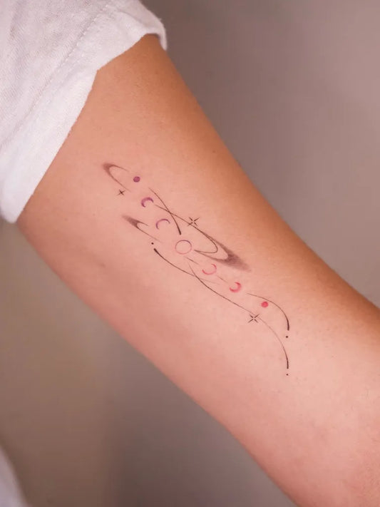 Small Minimalist Moon Phases and Stars Tattoo on Women Arm by @xiaoxiao_ink