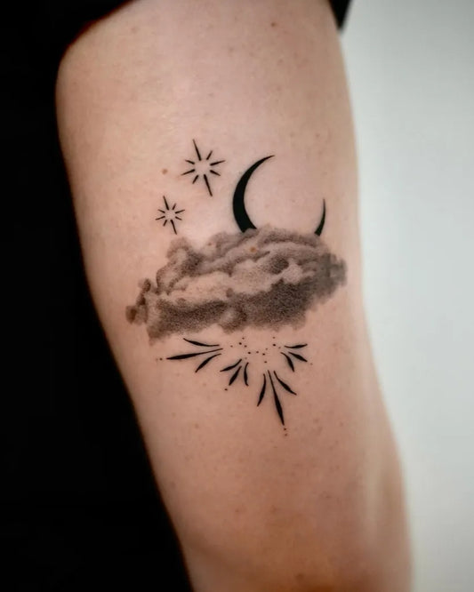 Small Minimalist Moon Stars Cloud Tattoo on Women Upper Arm by @vanngucci