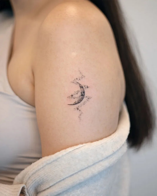 Small Minimalist Moon and Stars Tattoo on Women Shoulder by @handitrip