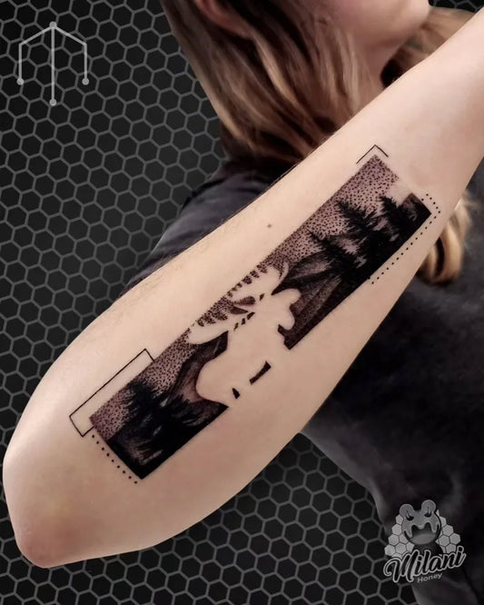 Small Minimalist Moose Forest on Women Forearm Tattoo by @milanihoney