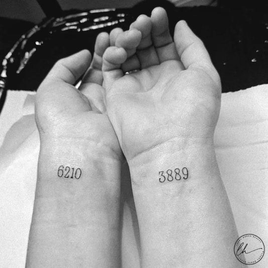Small Minimalist Numbers Tattoo on Women Wrist by @lornahorneink