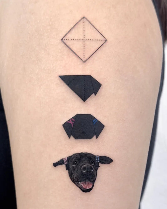 Small Minimalist Origami Dog Tattoo on Women Arm by @oble_tattoo