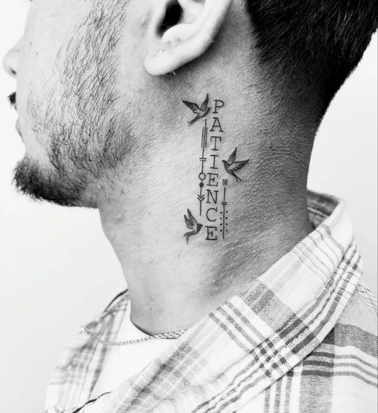 Small Minimalist Patience Birds on Men Neck Tattoo by @parleeninks