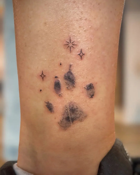 Small Minimalist Paw Print and Stars Tattoo on Women Ankle by @jordinsimons.x