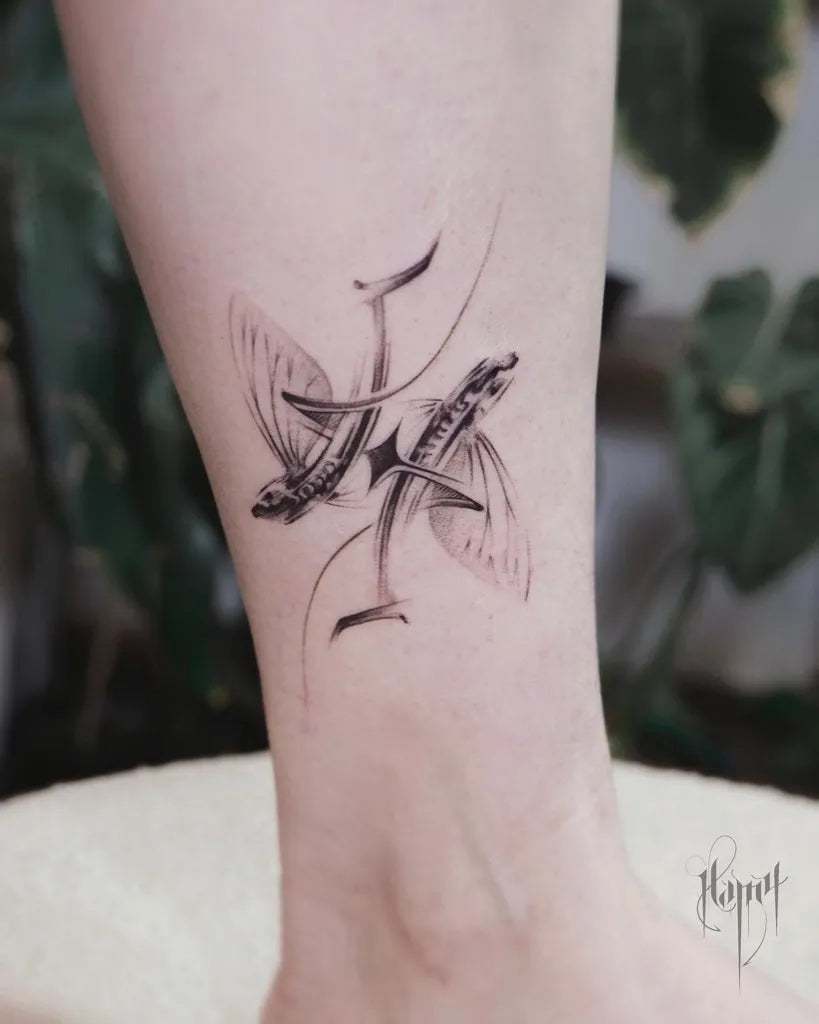Small Minimalist Pisces Tattoo on Women Leg by @hamynobi