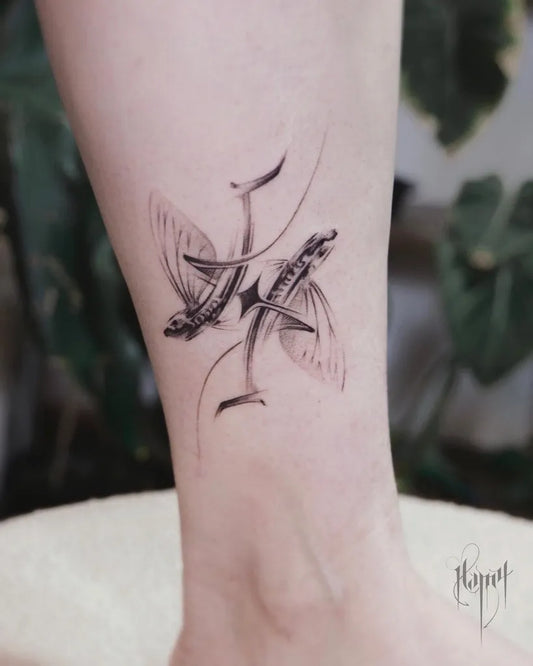 Small Minimalist Pisces Tattoo on Women Leg by @hamynobi