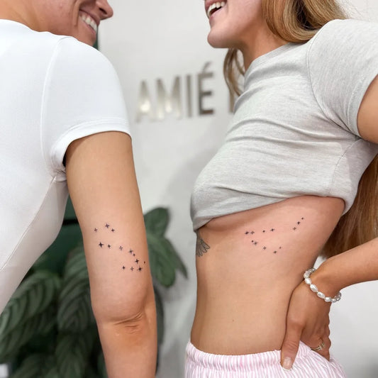 Small Minimalist Scorpio Constellation on Friends on Arms and Ribs Matching Tattoo by @sasha7tattoos