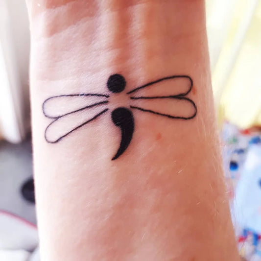 Small Minimalist Semicolon Dragonfly on Women Wrist Tattoo by @flick1313