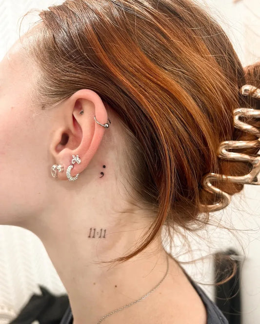 Small Minimalist Semicolon Roman Numerals on Women Neck Tattoo by @pa._fineline.ink
