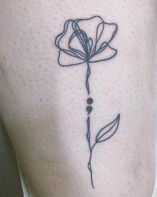 Small Minimalist Semicolon Rose on Women Arm Tattoo by @wellheyhannah