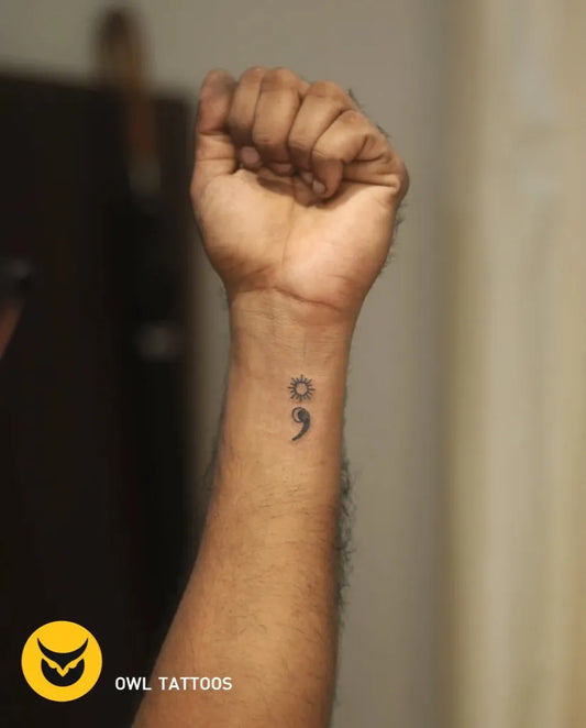 Small Minimalist Semicolon Sun on Men Wrist Tattoo by @owl_tattoos