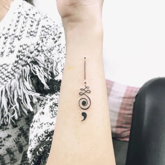 Small Minimalist Semicolon Unalome on Women Wrist Tattoo by @natattoostudio