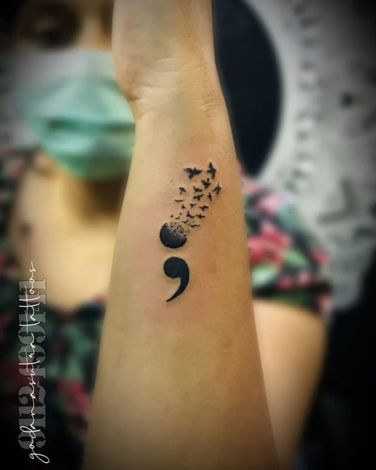 Small Minimalist Semicolon and Birds on Women Wrist Tattoo by @nisha_ink_art_pune