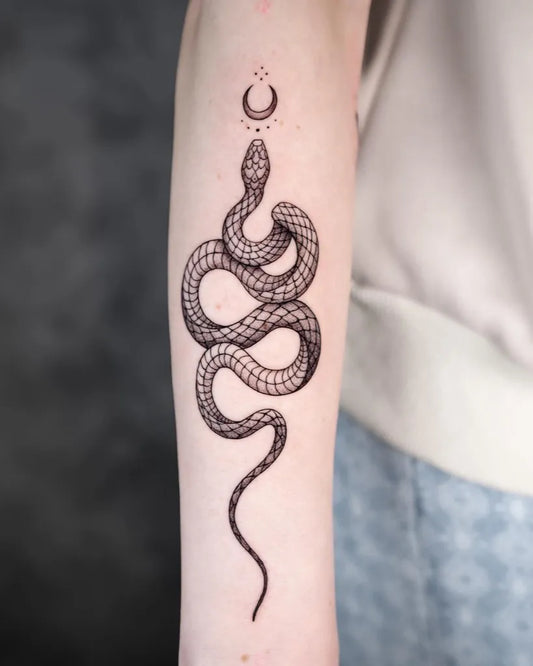 Small Minimalist Snake Crescent Moon on Women Forearm Tattoo by @sav.ttt