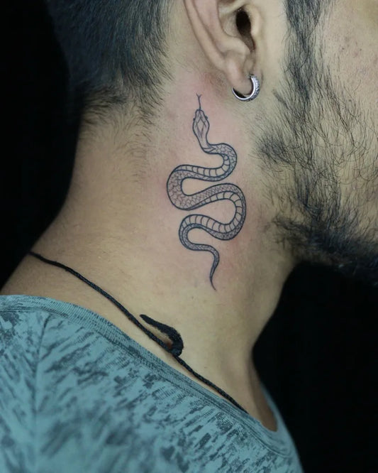 Small Minimalist Snake on Men Neck Tattoo by @thetattooart_studio