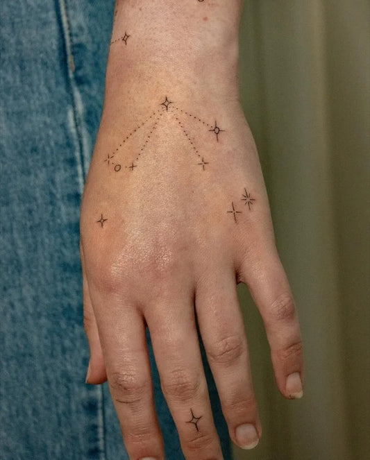 Small Minimalist Star Constellation Tattoo on Women Hand by @pauline.tattoo