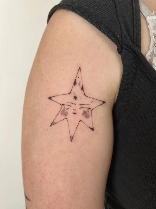 Small Minimalist Star Face Tattoo on Women Arm by @nebbercracker.ttt