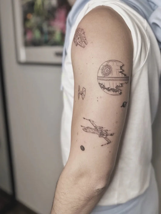 Small Minimalist Star Wars Death Star X Wing Tie Fighter Tattoo on Men Arm by @aemetattoo