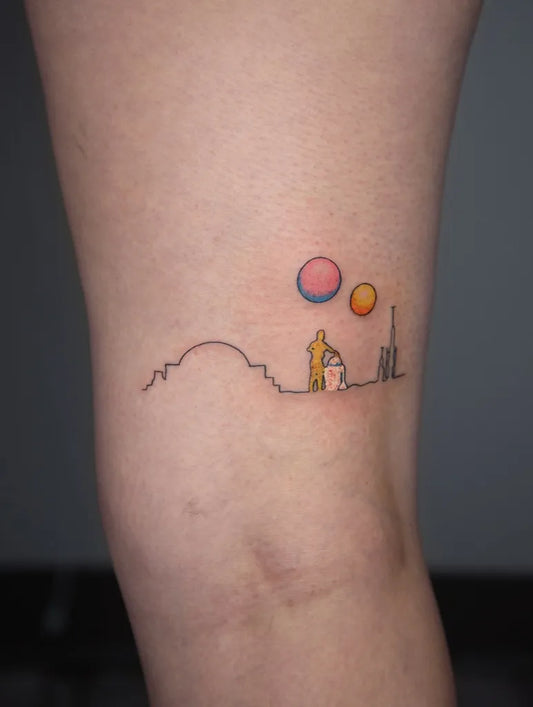 Small Minimalist Star Wars Tatooine Scene Tattoo on Women Thigh by @sesshtattoos