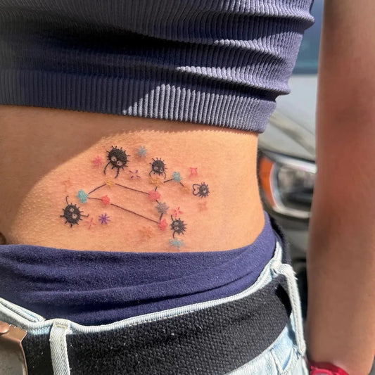 Small Minimalist Star and Spirited Away Character Tattoo on Women Side by @yeztattoo