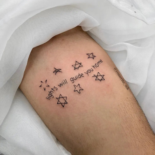 Small Minimalist Star and Text Tattoo on Women Arm by @yomerito_ink