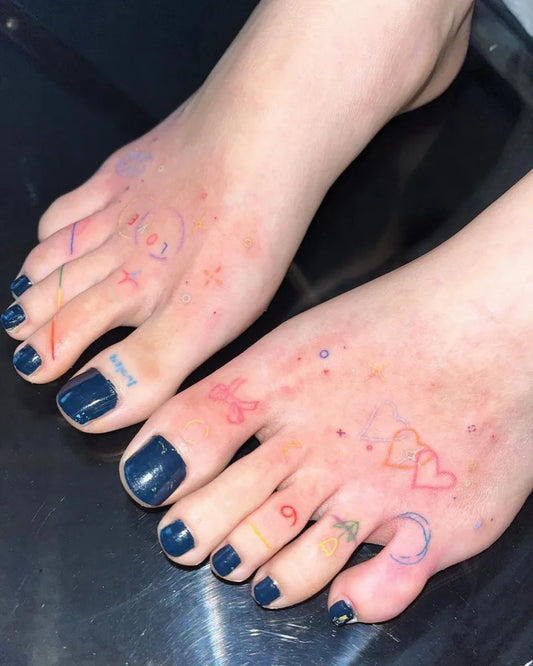 Small Minimalist Stars Hearts Symbols Tattoo on Women Foot by @milo._.club