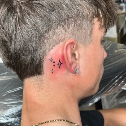 Small Minimalist Stars Semicolon on Men Neck Tattoo by @flyinktherapyliberty
