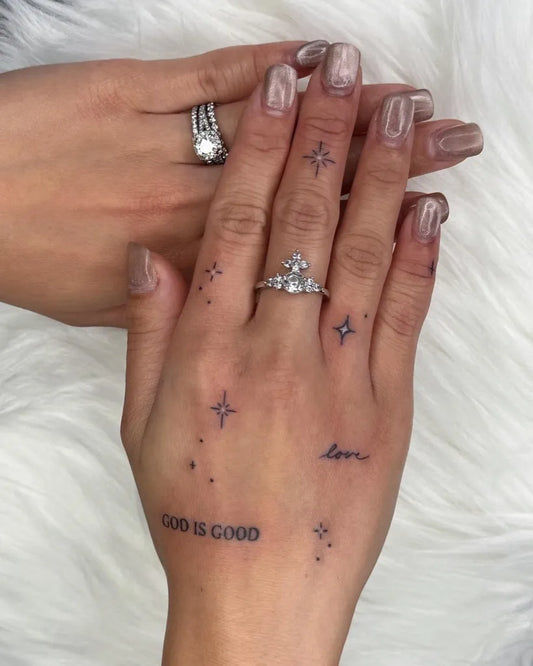 Small Minimalist Stars Text Tattoo on Women Hands by @inkbytheresa