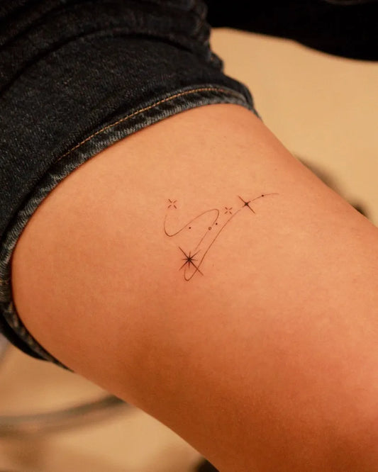 Small Minimalist Stars and Stars Tattoo on Women Thigh by @won_tattooer