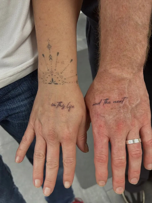 Small Minimalist Sun Mandala Script on Couple Wrists Matching Tattoo by @meganscribbleink