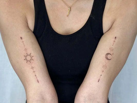 Small Minimalist Sun Moon Arrows on Women Forearms Tattoo by @kl.inks