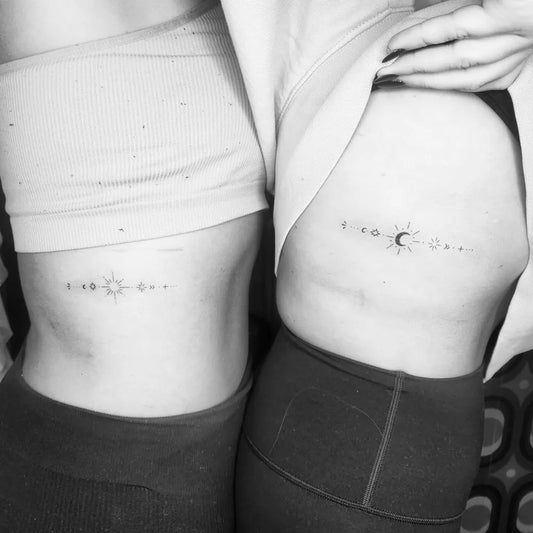 Small Minimalist Sun Moon Dots on Friends on Hip Matching Tattoo by @ink.it_likejordyn